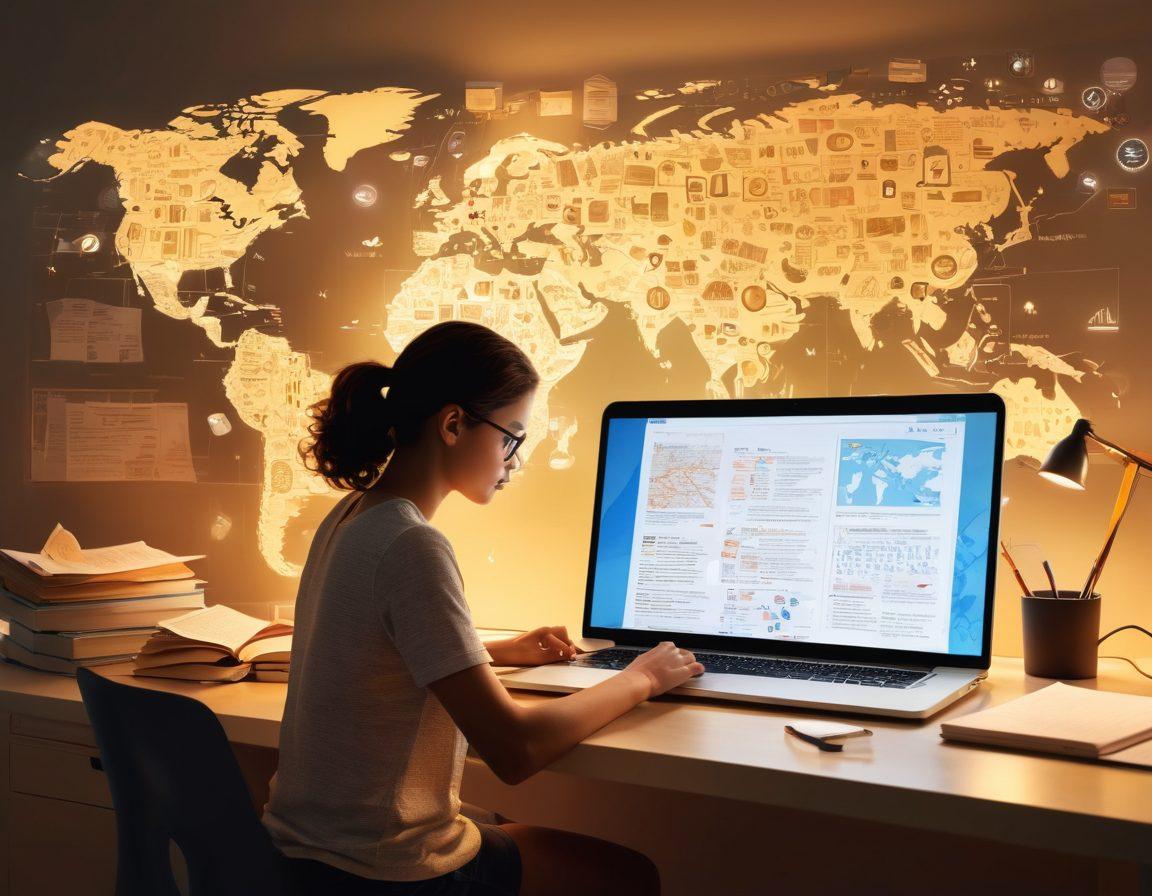 A person sitting at a modern desk, illuminated by soft, warm light, surrounded by floating digital icons of journals and blogs swirling around them, with an open laptop displaying an online journal. The background features a bookshelf filled with books and a world map, symbolizing global access to knowledge. Bright and inviting colors enhance the sense of exploration and learning. super-realistic. vibrant colors. 3D.