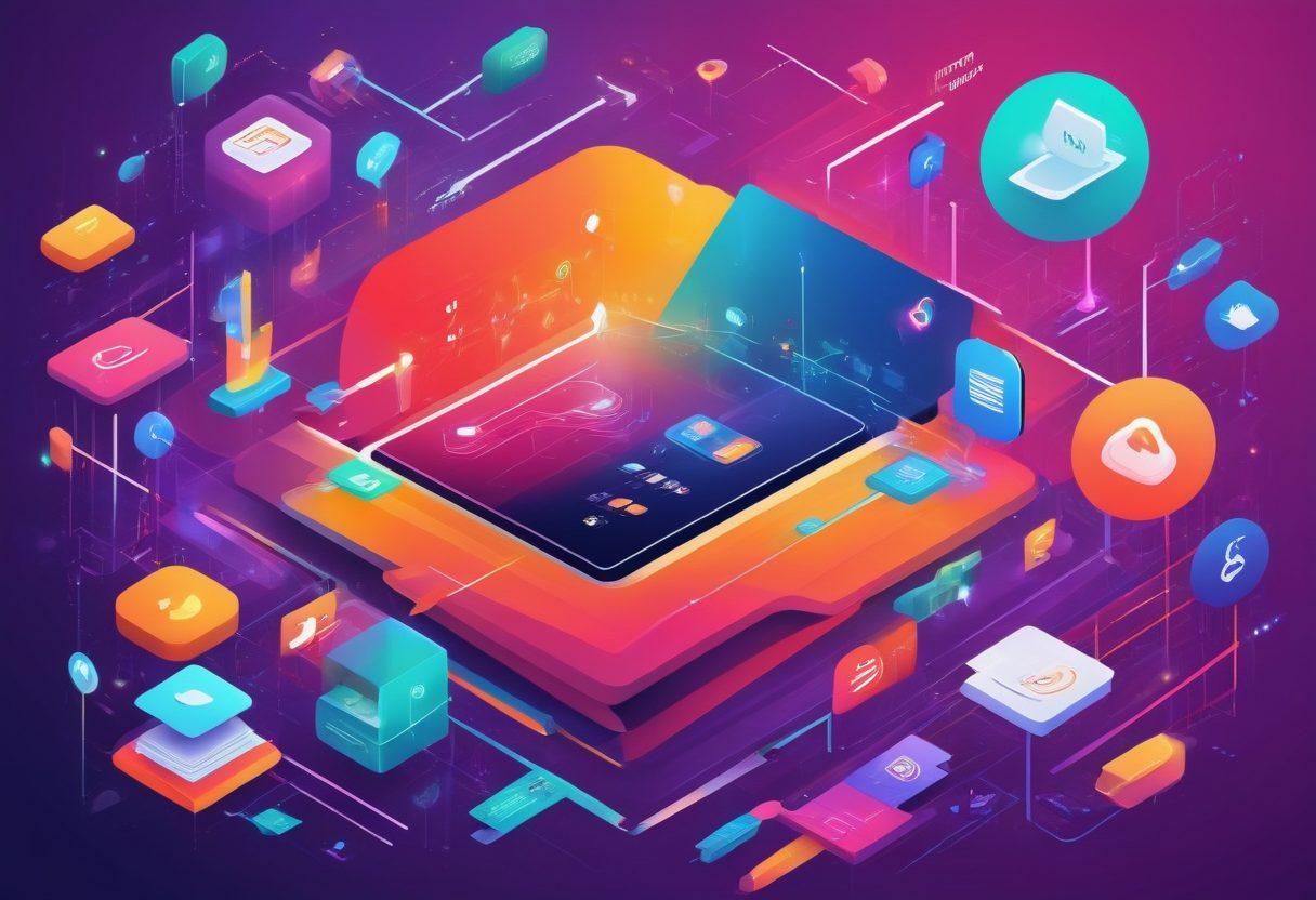 A visually engaging, layered illustration depicting various complimentary content platforms, including podcasts, blogs, and educational videos. Integrate vibrant elements like digital screens displaying snippets of content and icons representing diverse topics such as technology, arts, and wellness. Create a seamless flow connecting these platforms with colorful arrows or pathways. The background should be a lively, abstract representation of connectivity in the digital age. vibrant colors. vector art.
