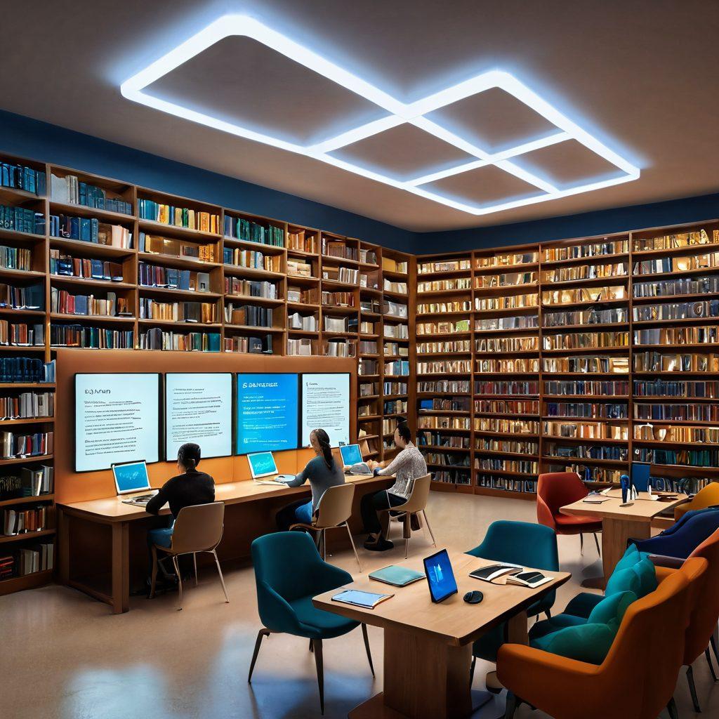A digital library brimming with opened books and glowing screens displaying free articles, surrounded by diverse researchers of different backgrounds collaborating and sharing ideas. The scene should include elements like a stack of journals, a relaxing coffee corner, and connected digital devices facilitating access to information. Bright and inviting, with a focus on knowledge and collaboration. vibrant colors. 3D.